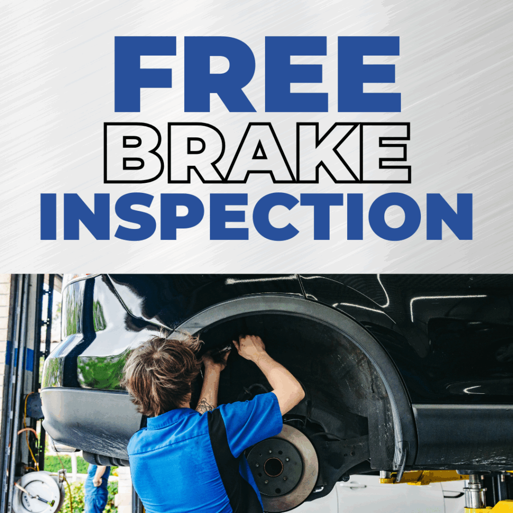 Ad with the words Free Brake Inspection showing a mechanic inspecting a tire brake