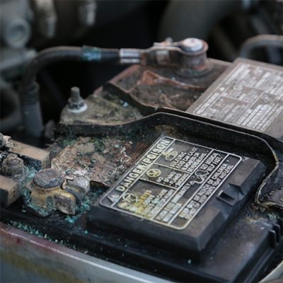 A corroded car battery in severe need of a battery replacement in Seminole